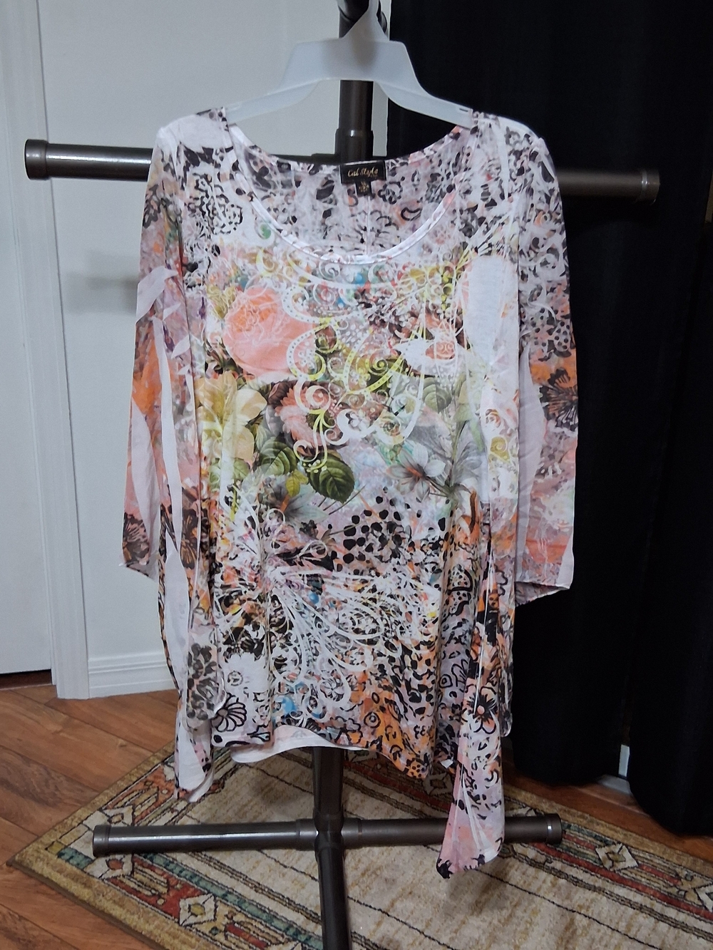 Coldwater Creek Floral Lace-Print Sheer Tunic - Pink, Coral, Green